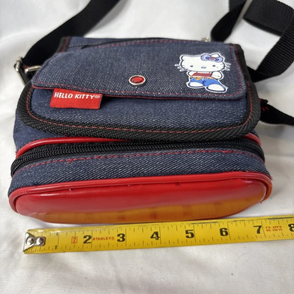 Vtg Y2K 2002 Sanrio Hello‎ Kitty Denim Blue Red Crossbody Bag Purse 7.5x7